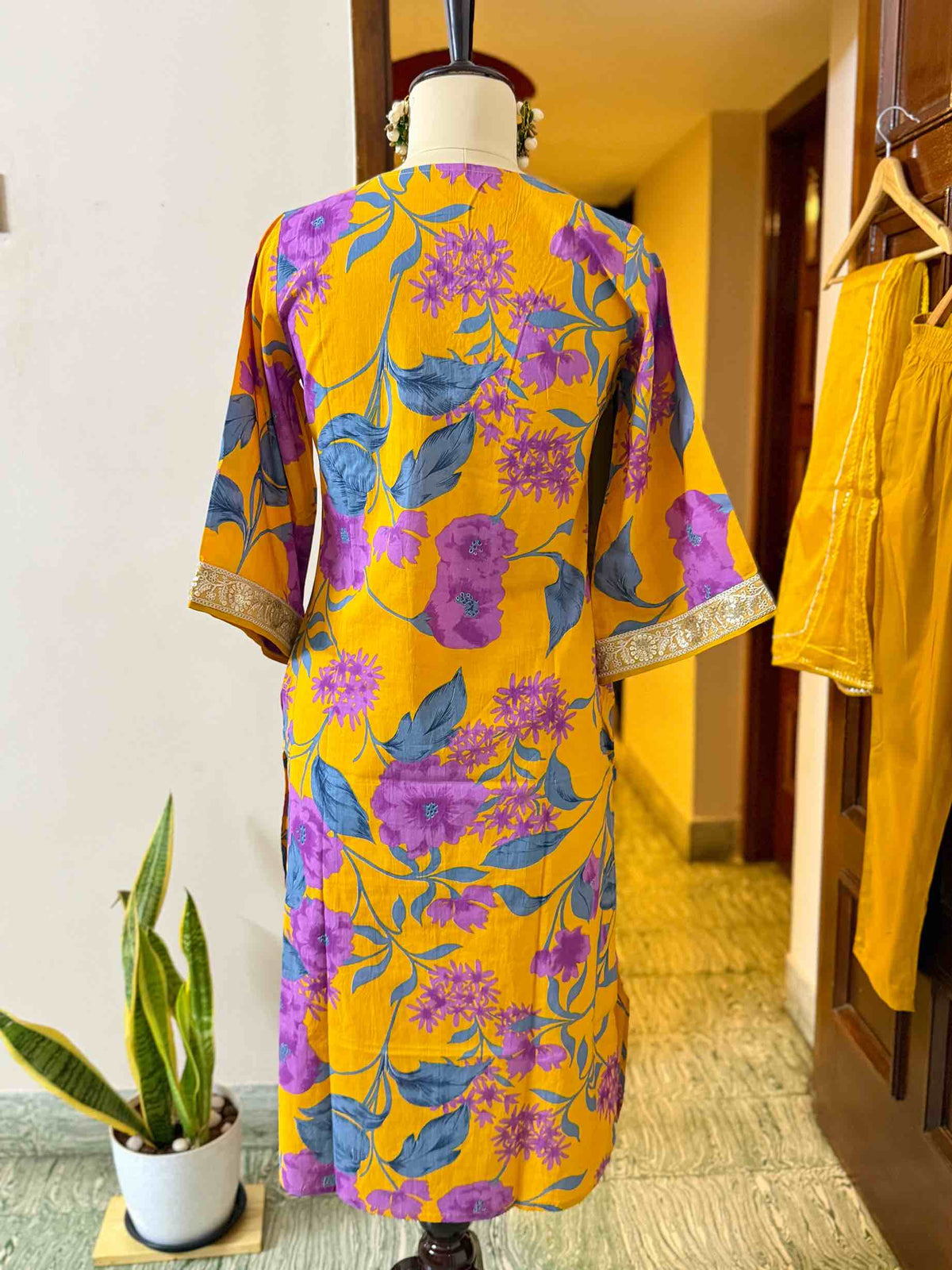 Yellow Cotton Kurta set with Organza Shawl - D02