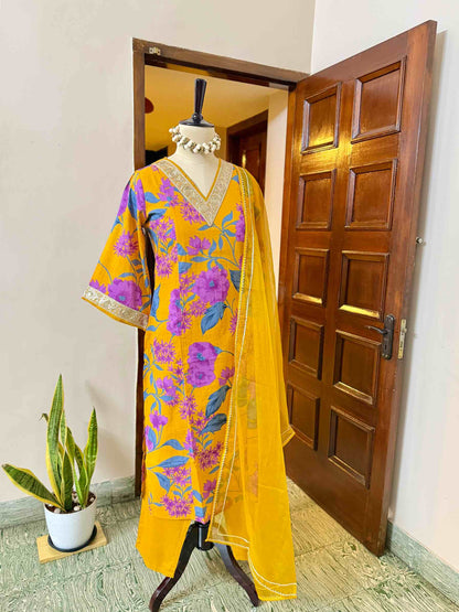 Yellow Cotton Kurta set with Organza Shawl - D02