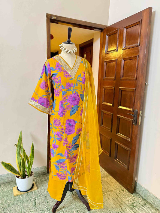 Yellow Cotton Kurta set with Organza Shawl - D02