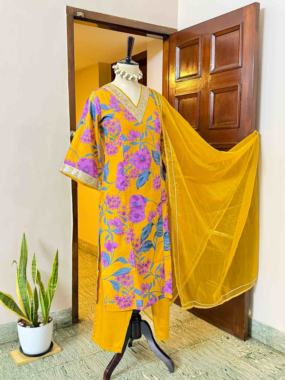 Yellow Cotton Kurta set with Organza Shawl - D02