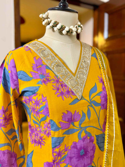 Yellow Cotton Kurta set with Organza Shawl - D02