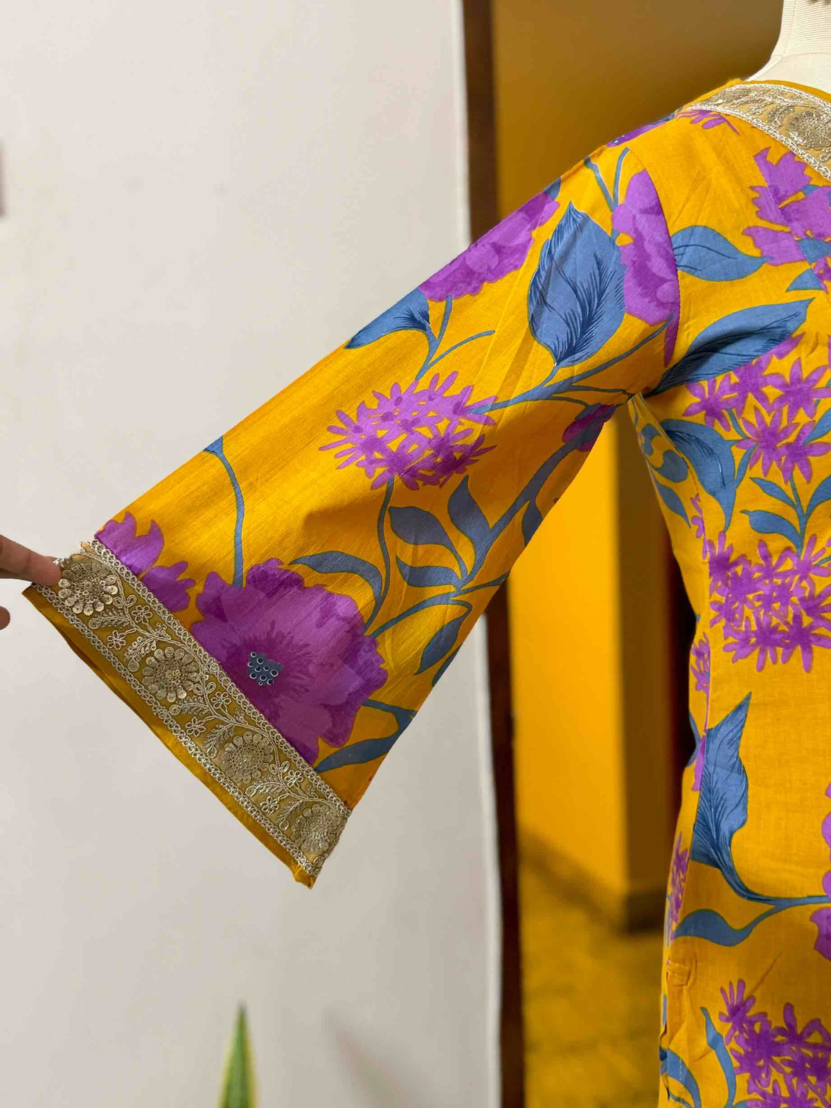 Yellow Cotton Kurta set with Organza Shawl - D02