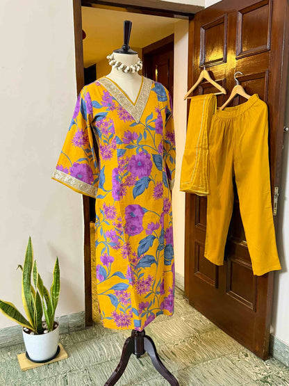 Yellow Cotton Kurta set with Organza Shawl - D02