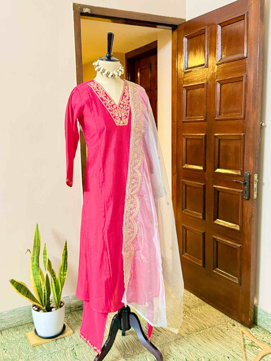Magenta Pink Anarkali Set with Powder Blue Shawl - D03