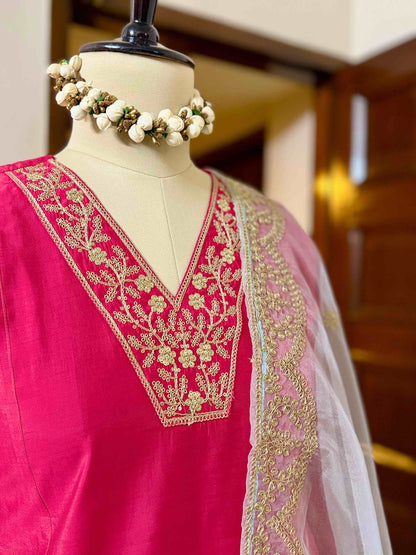 Magenta Pink Anarkali Set with Powder Blue Shawl - D03