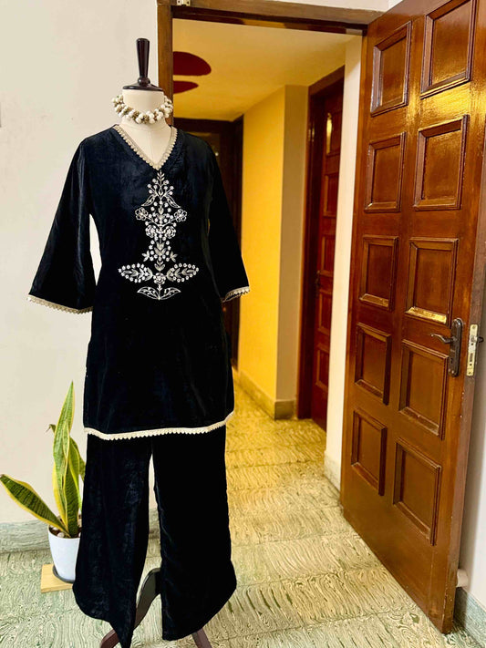 Black Velvet Embroidered Co-ord Set - D04