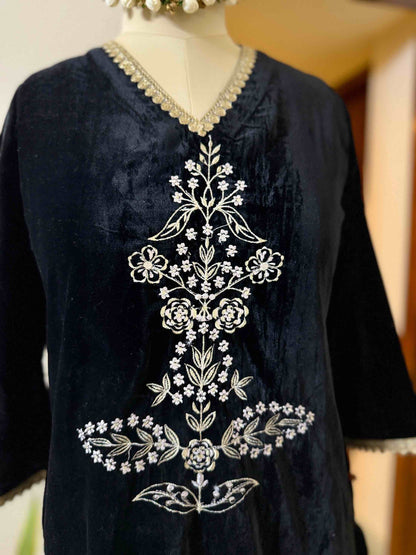Black Velvet Embroidered Co-ord Set - D04