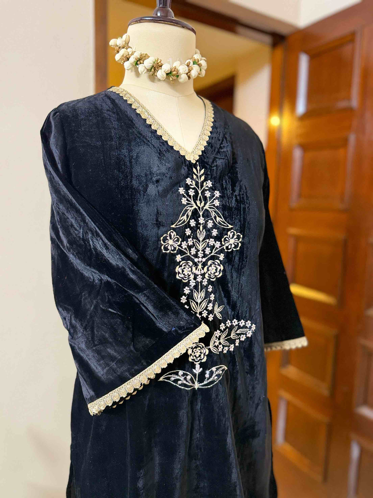 Black Velvet Embroidered Co-ord Set - D04