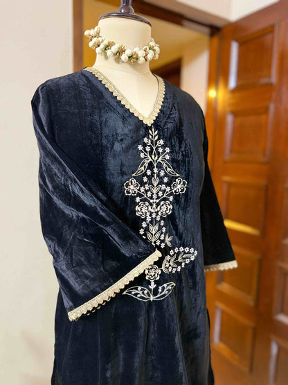 Black Velvet Embroidered Co-ord Set - D04