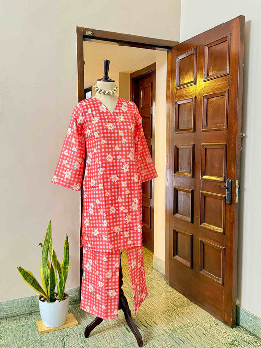 Red Checked Rayon Co-ord - D06