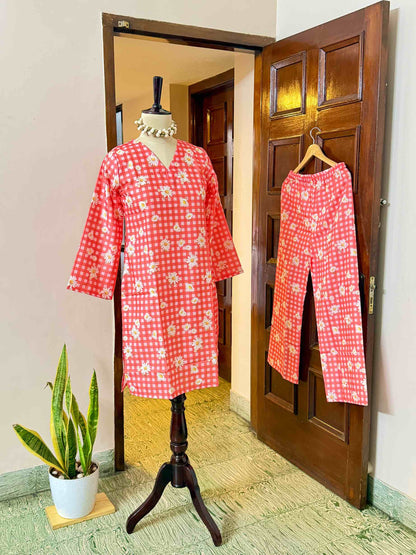 Red Checked Rayon Co-ord - D06