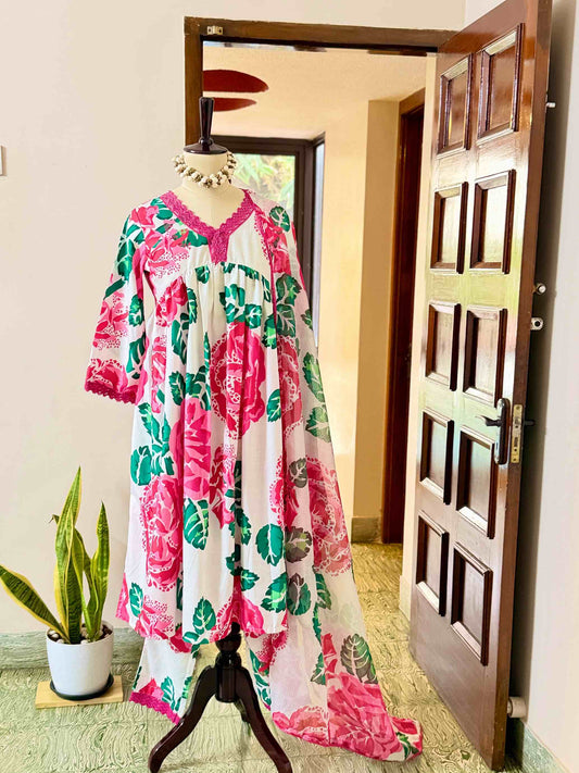 Pink Floral Poly Rayon Anarkali Set - D09