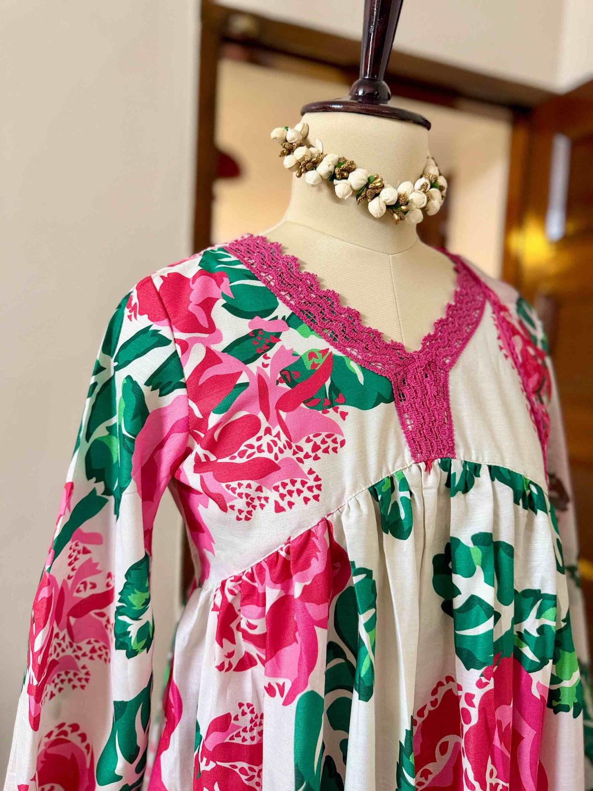 Pink Floral Poly Rayon Anarkali Set - D09