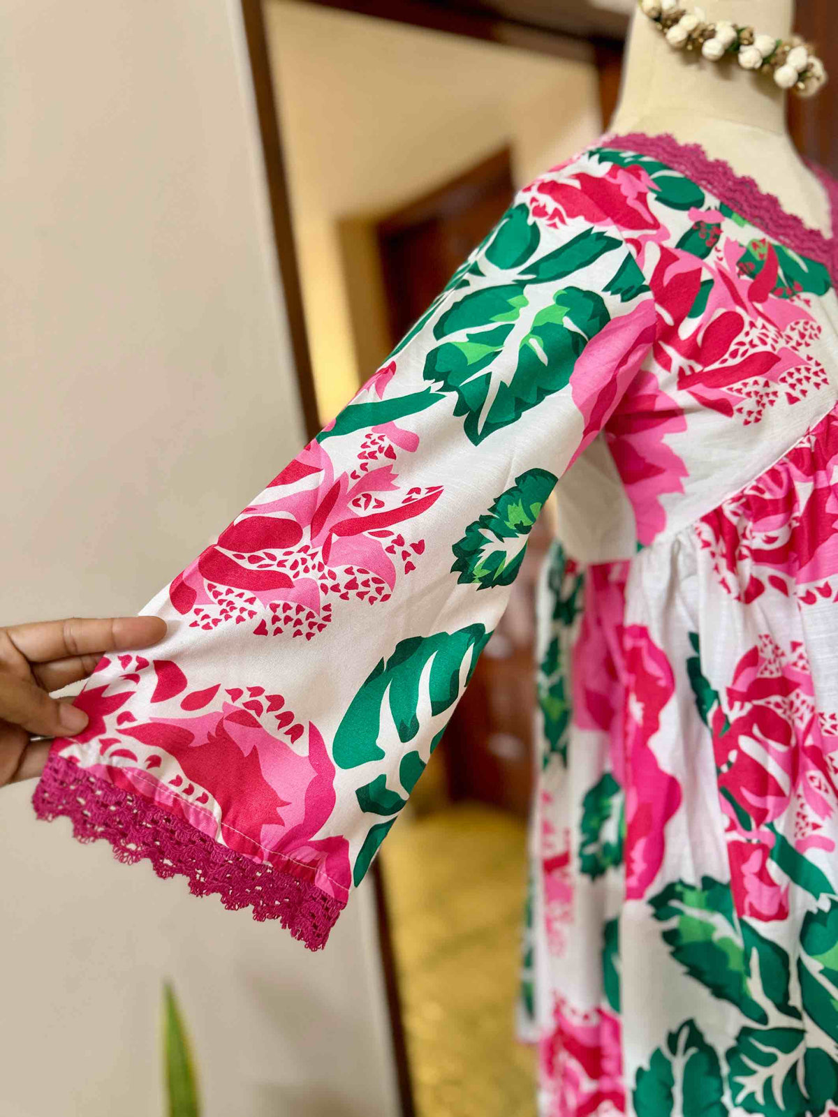 Pink Floral Poly Rayon Anarkali Set - D09
