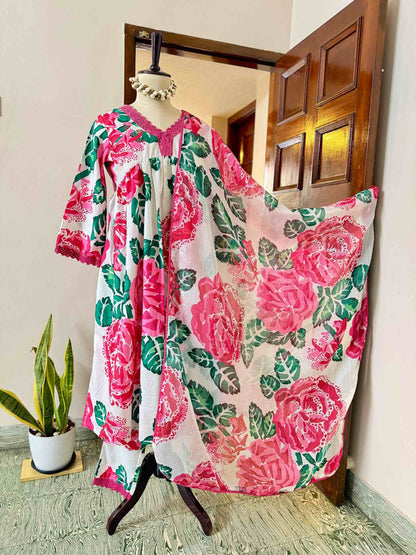 Pink Floral Poly Rayon Anarkali Set - D09