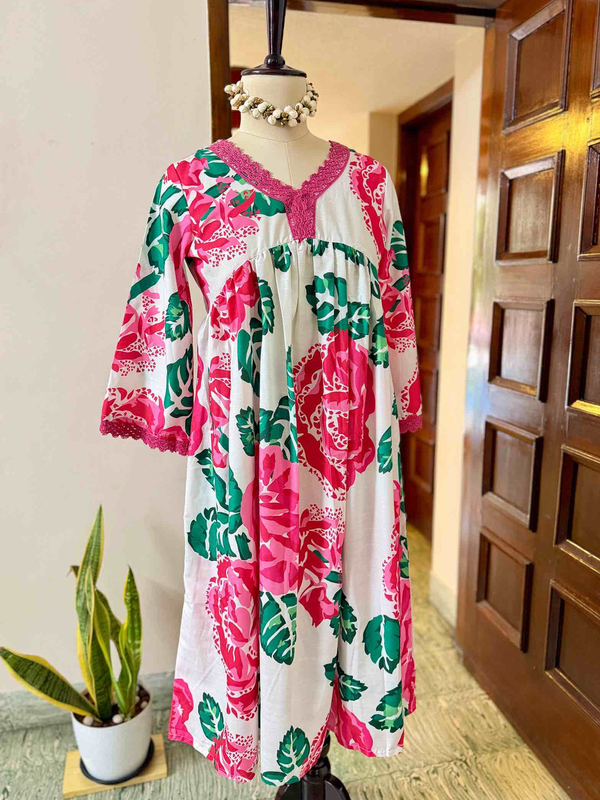 Pink Floral Poly Rayon Anarkali Set - D09