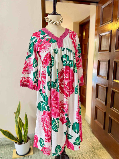 Pink Floral Poly Rayon Anarkali Set - D09
