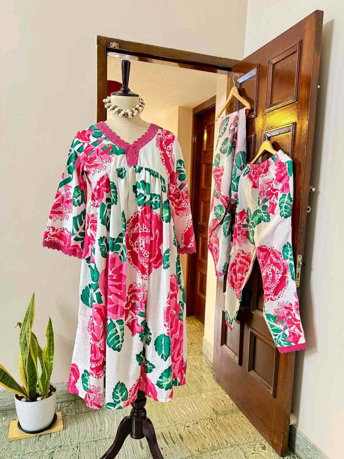 Pink Floral Poly Rayon Anarkali Set - D09