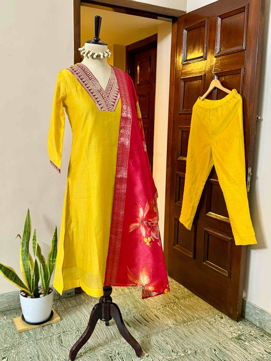 Mustard Chanderi Set with Floral Shawl - D10