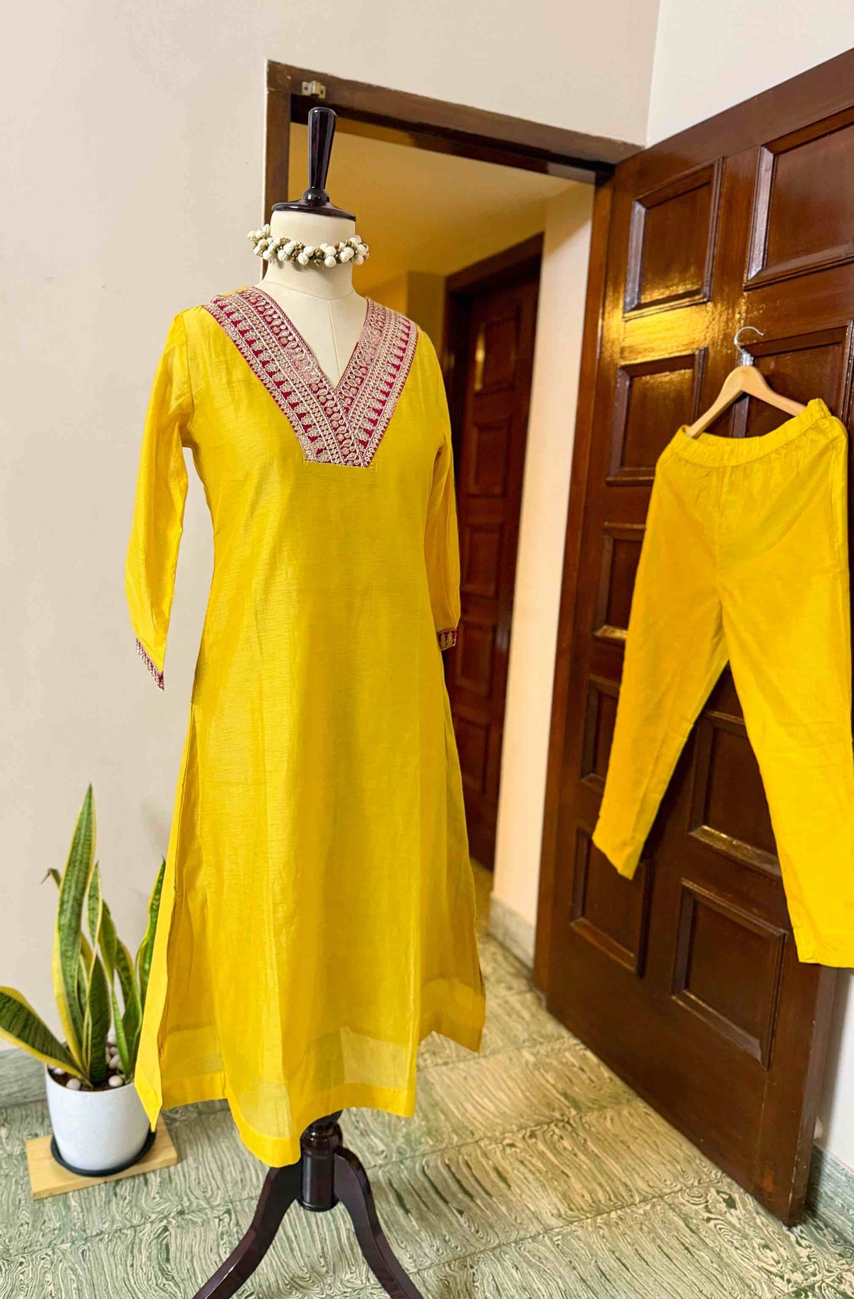Mustard Chanderi Set with Floral Shawl - D10