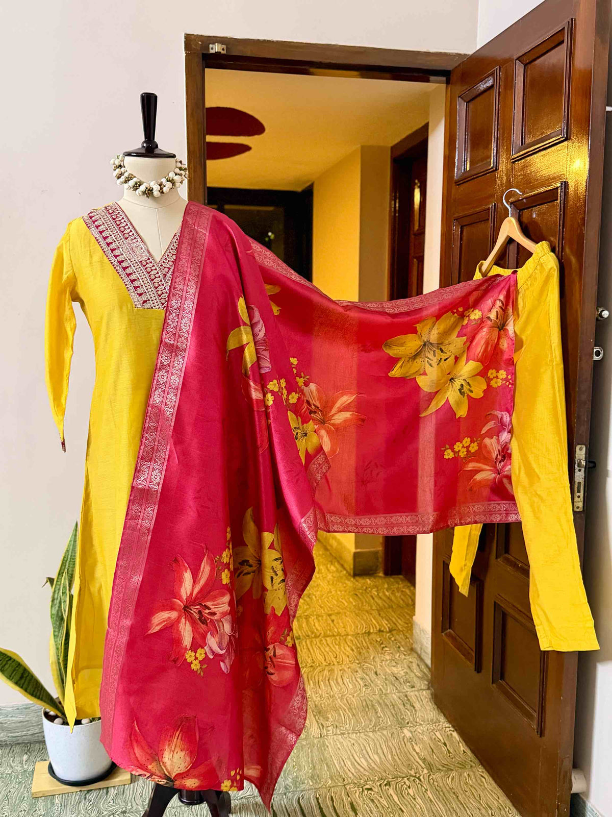 Mustard Chanderi Set with Floral Shawl - D10