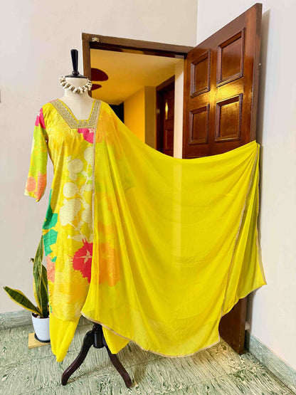 Yellow Floral Poly Rayon Set - D11